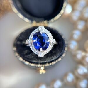 Blue Sapphire Diamond Halo Compass Ring 14k White Gold